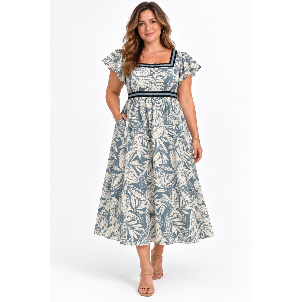 Boden Midi Dress Womens 10P Blue White Tropical Leaf Cotton Square Neck